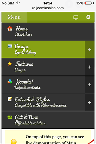 Mobile menu with icons applied